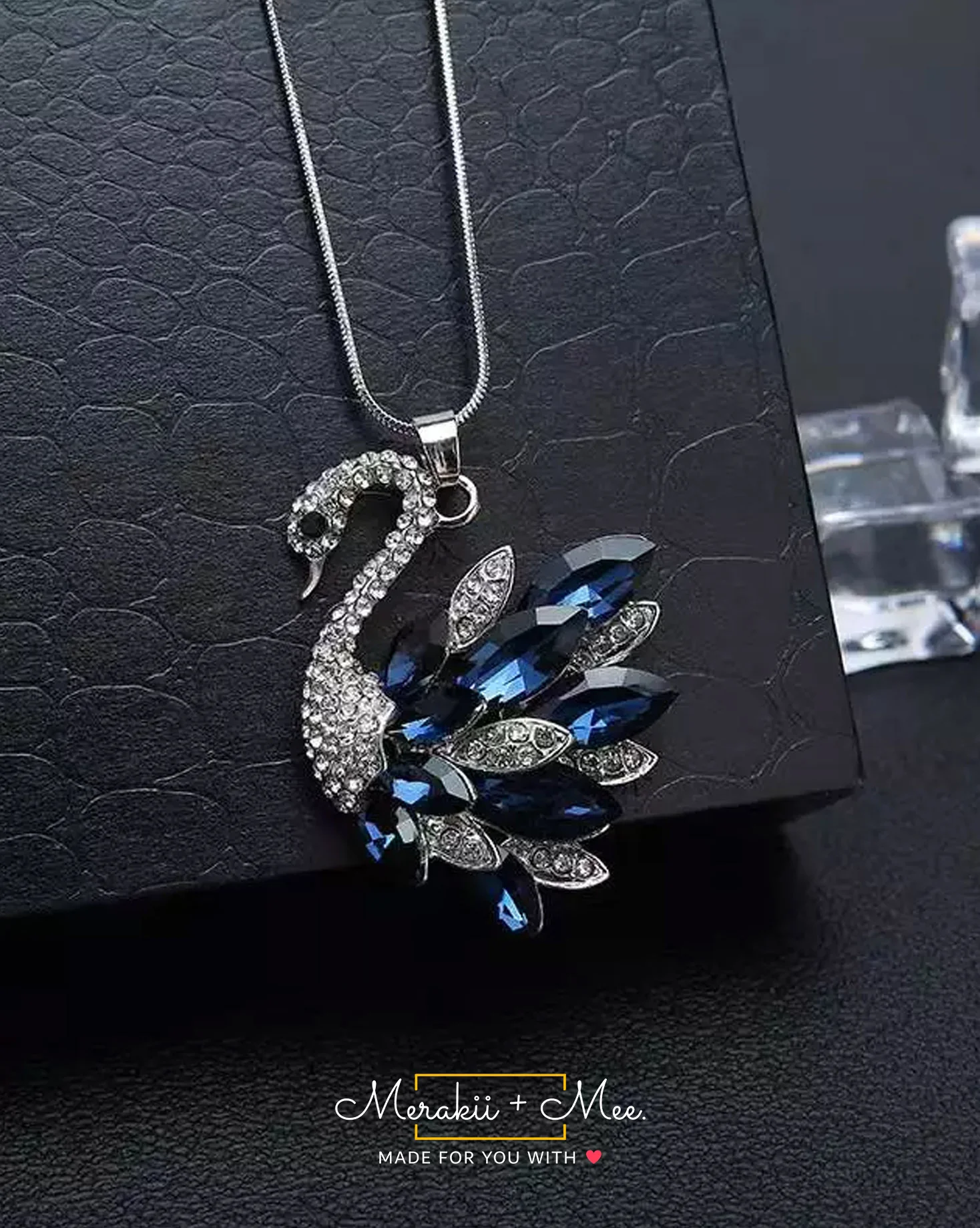Swan Blue Crystal Pearl CZ American Diamond Long Chain Necklace - Image 3