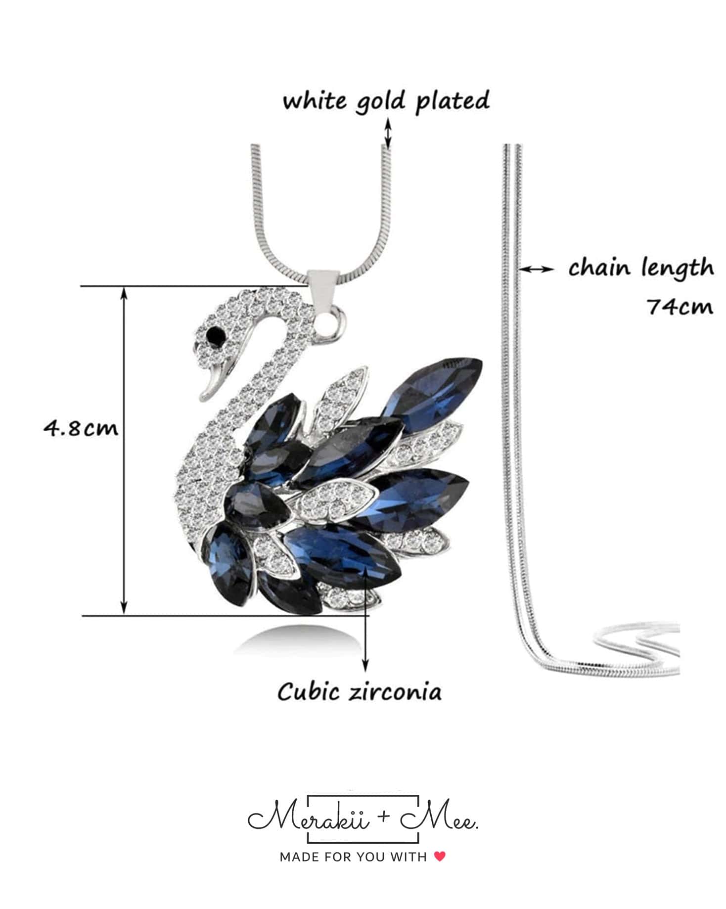 Swan Blue Crystal Pearl CZ American Diamond Long Chain Necklace - Image 5